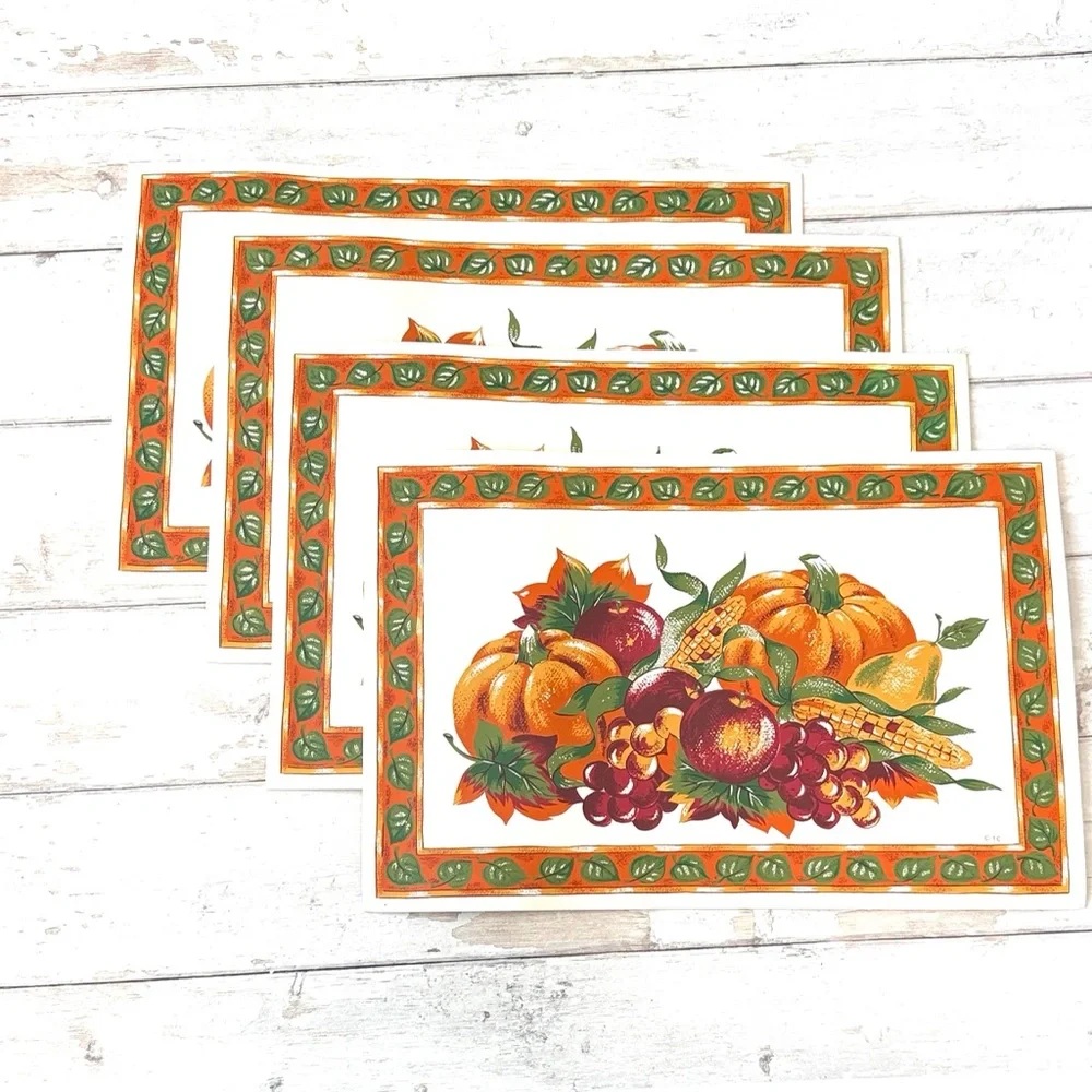 Set of 4 Thanksgiving Fall Themed Placemats Dining Table Decor Wipeable Vinyl